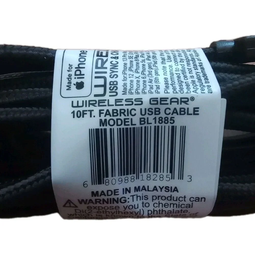 Wireless Gear 10ft iPhone/IPad/iPod BLACK Charger Cord